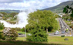 Dampfwolken thermaler Quellen im Stadtpark von Rotorua
