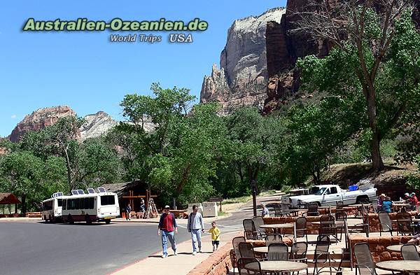 Restaurant and bus stop at Zion Lodge